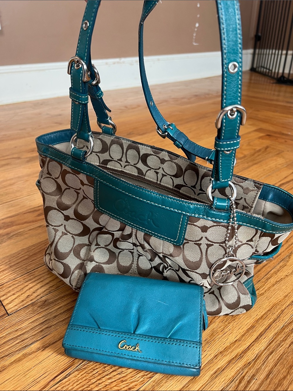 ✨DEAL✨Coach Signature Canvas Shoulder Bag Teal Leather Trim &Matching Wallet